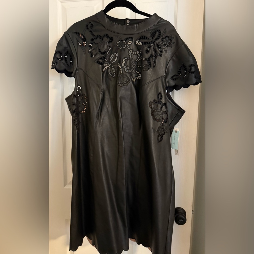 Anthropologie Plus Size Black Faux Leather Lace Detail Mini Dress NWT 24W